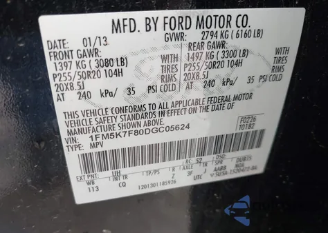 2013 Ford Explorer Limited from USA, damaged, VIN 1FM5K7F80DGC05624